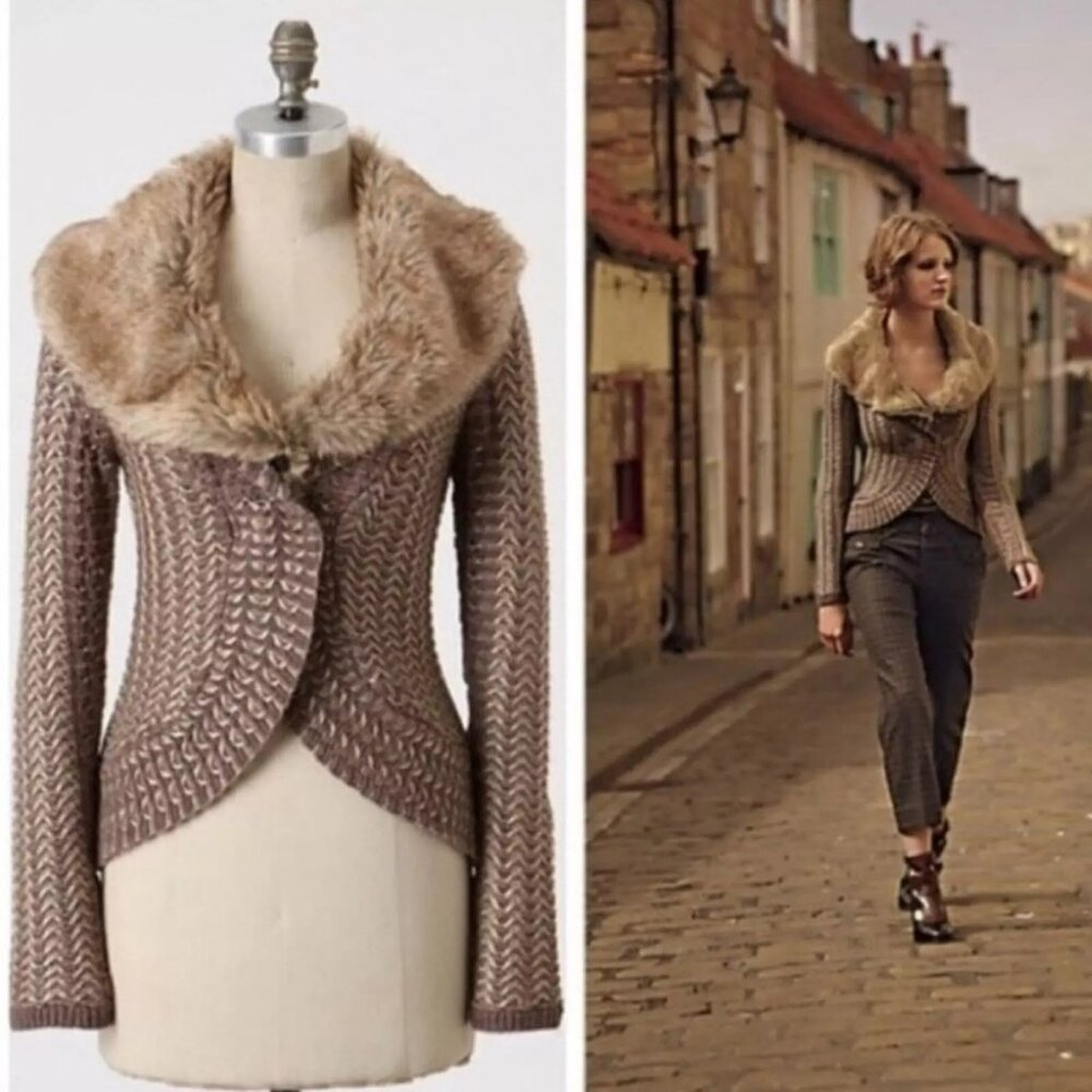 RARE ANTHROPOLOGIE CHARLIE & ROBIN Brown Tan Rushcliffe Fur Collar Cardigan. S